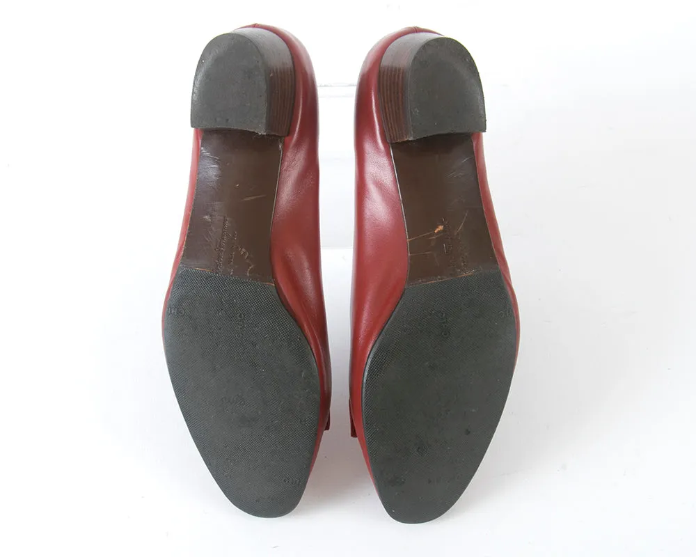 1980s Ferragamo "Vara" Red Leather Flats | size 9