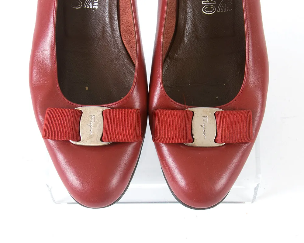 1980s Ferragamo "Vara" Red Leather Flats | size 9