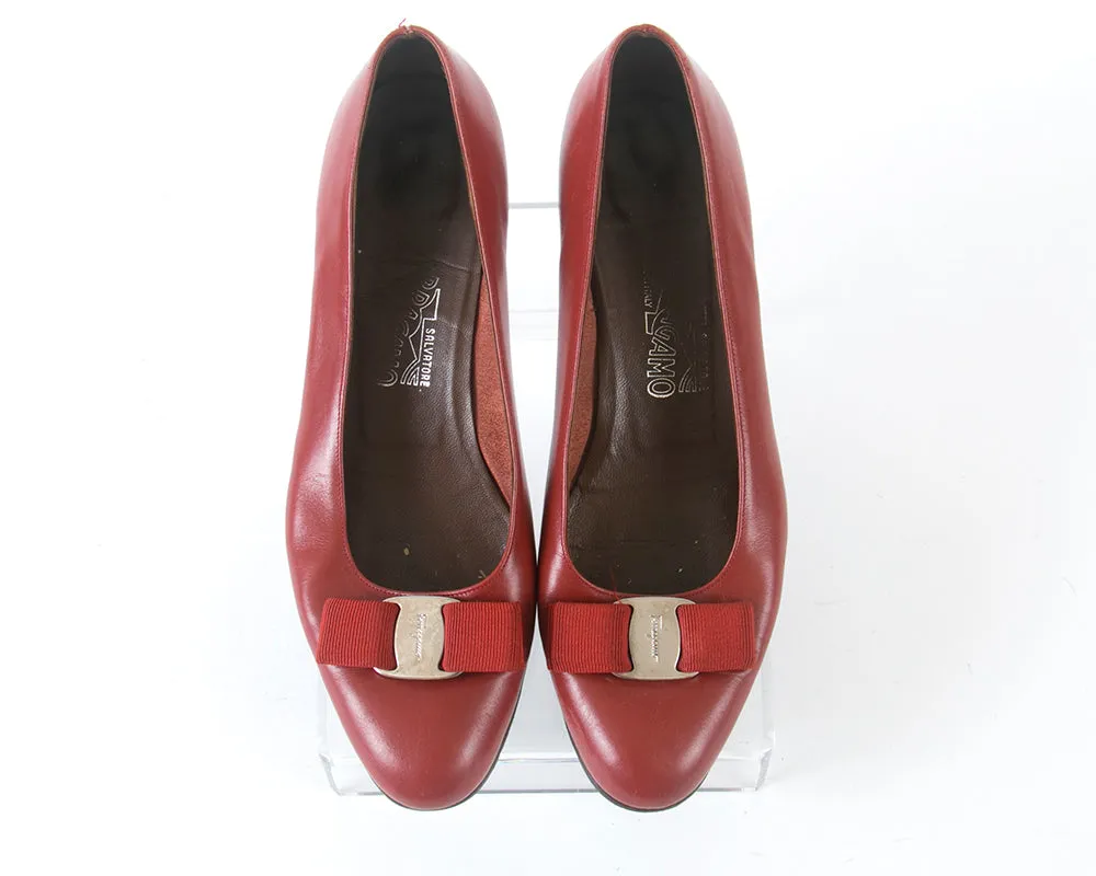 1980s Ferragamo "Vara" Red Leather Flats | size 9