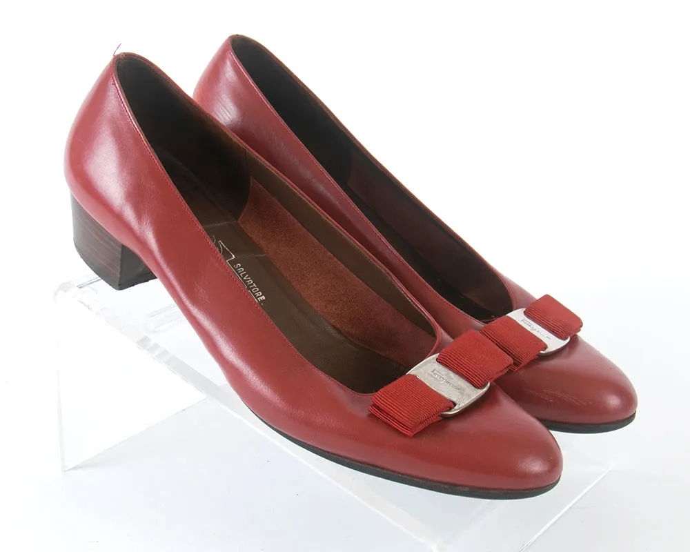 1980s Ferragamo "Vara" Red Leather Flats | size 9