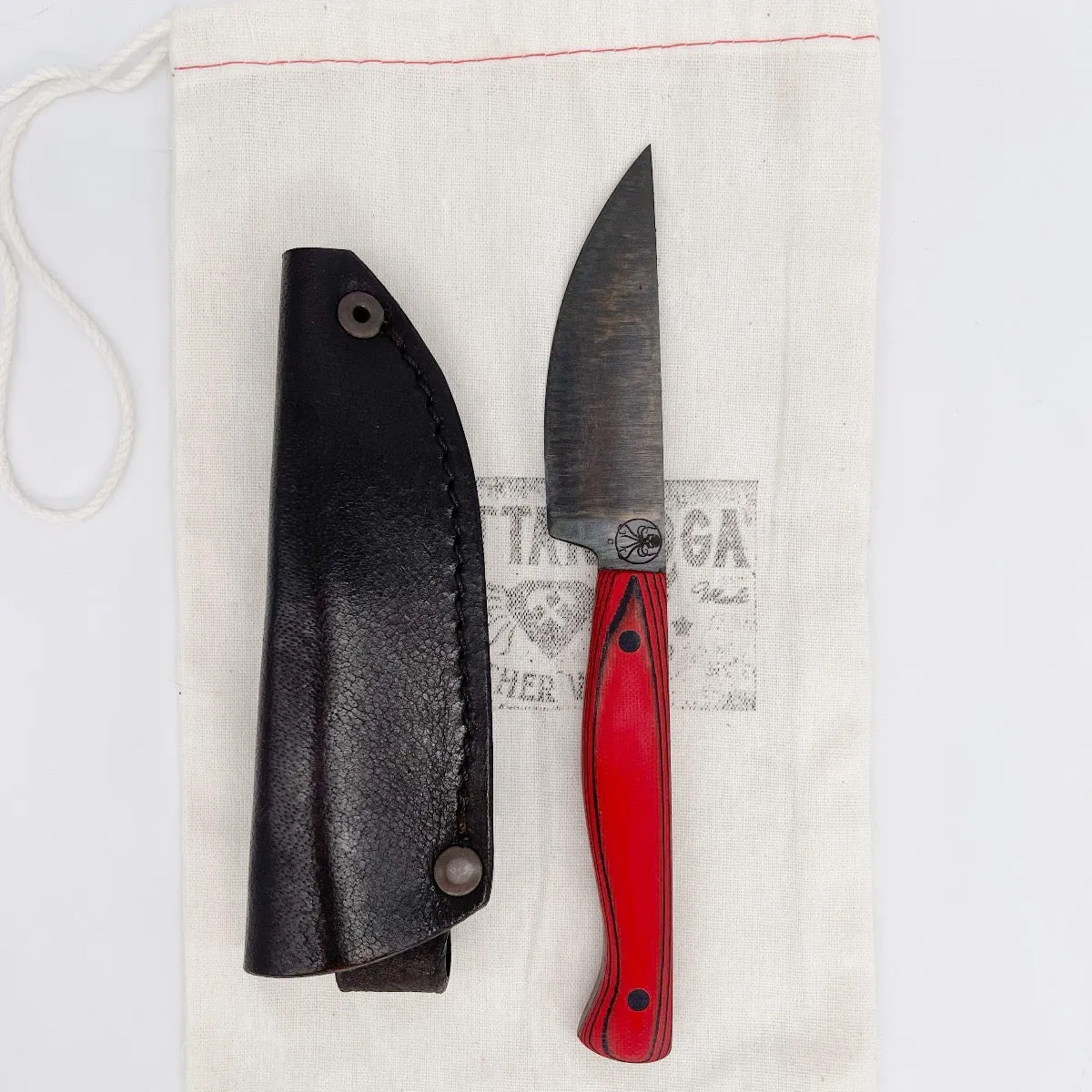 Drifter Blades Backcountry Custom Fixed Blade Knife Red/Black G10 Handles Leather Slip Sheath