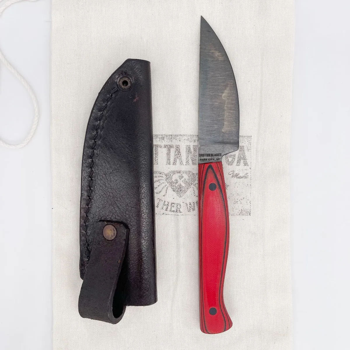 Drifter Blades Backcountry Custom Fixed Blade Knife Red/Black G10 Handles Leather Slip Sheath