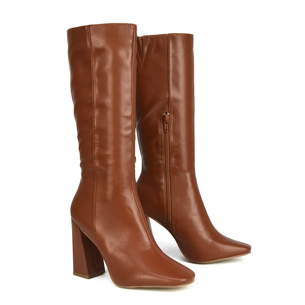 Millicent Square Toe below the Knee Long Block High Heel Boots in Red Patent