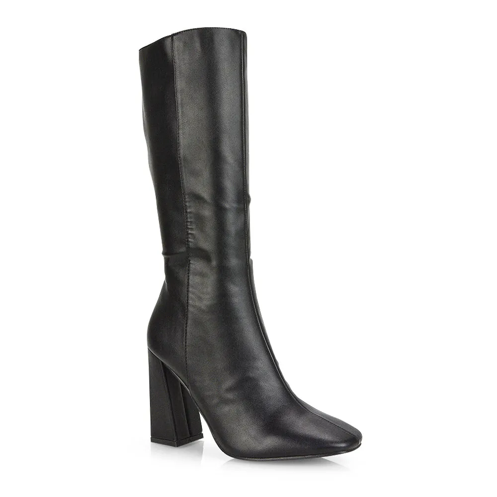 Millicent Square Toe below the Knee Long Block High Heel Boots in Red Patent