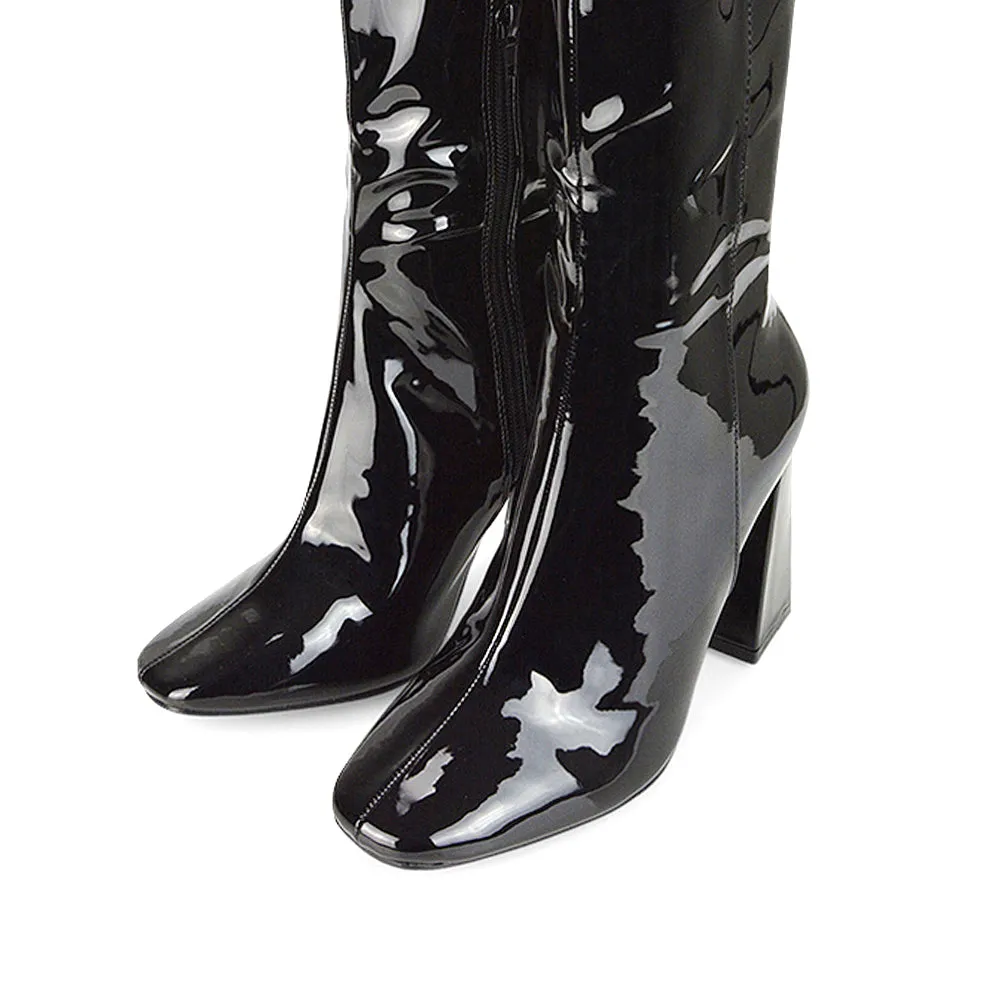 Millicent Square Toe below the Knee Long Block High Heel Boots in Red Patent