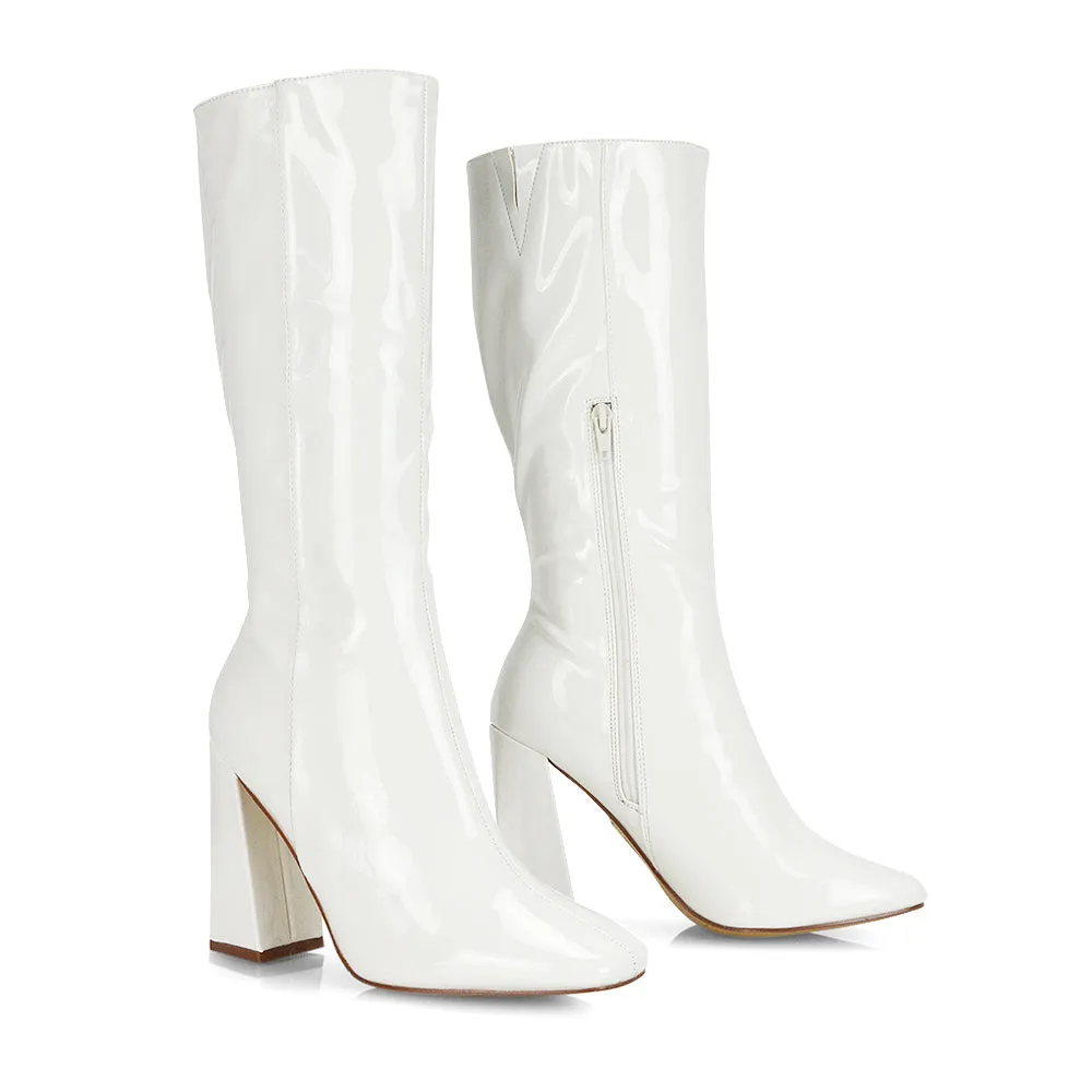 Millicent Square Toe below the Knee Long Block High Heel Boots in Red Patent