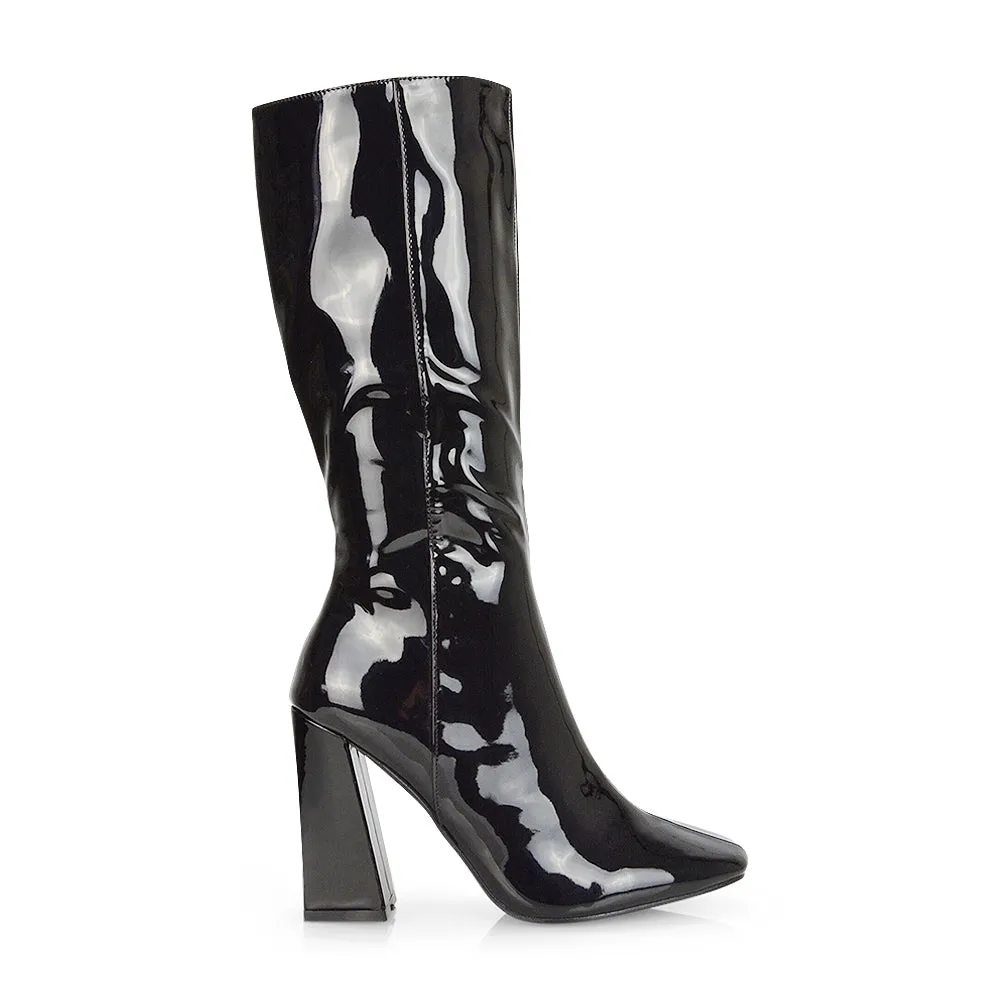 Millicent Square Toe below the Knee Long Block High Heel Boots in Red Patent