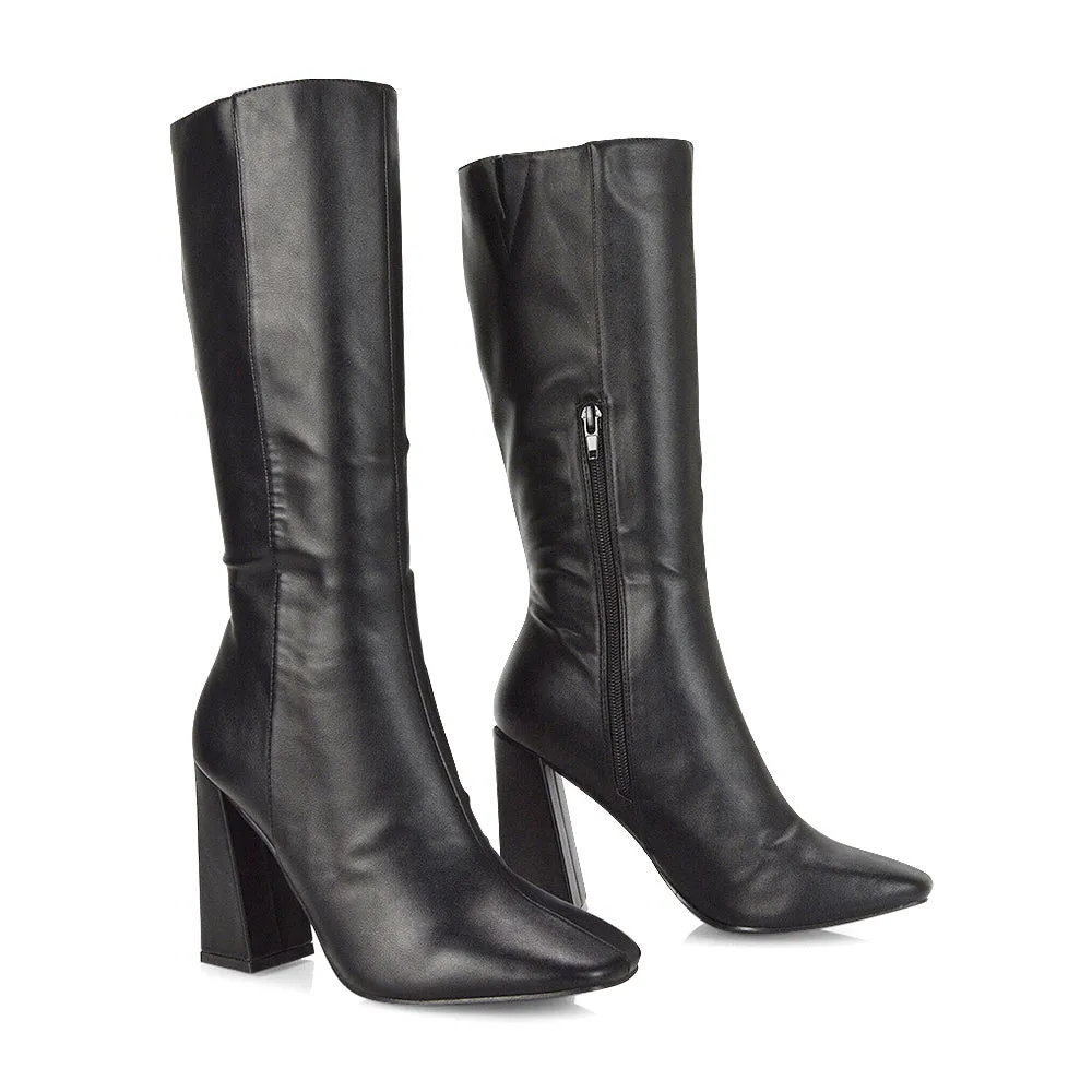 Millicent Square Toe below the Knee Long Block High Heel Boots in Red Patent