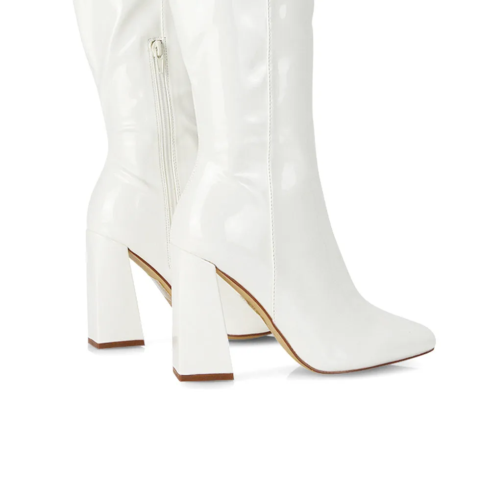 Millicent Square Toe below the Knee Long Block High Heel Boots in Red Patent