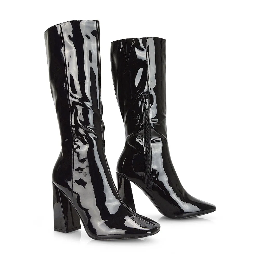 Millicent Square Toe below the Knee Long Block High Heel Boots in Red Patent
