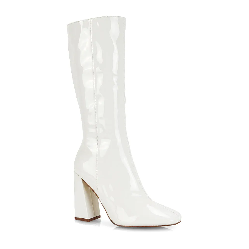 Millicent Square Toe below the Knee Long Block High Heel Boots in Red Patent