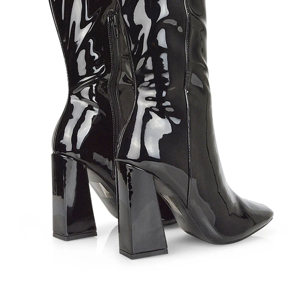 Millicent Square Toe below the Knee Long Block High Heel Boots in Red Patent
