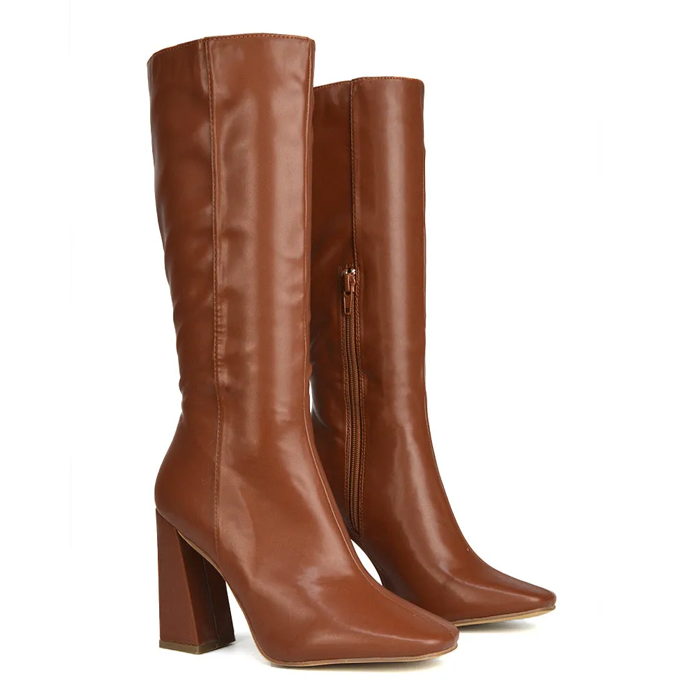 Millicent Square Toe below the Knee Long Block High Heel Boots in Red Patent