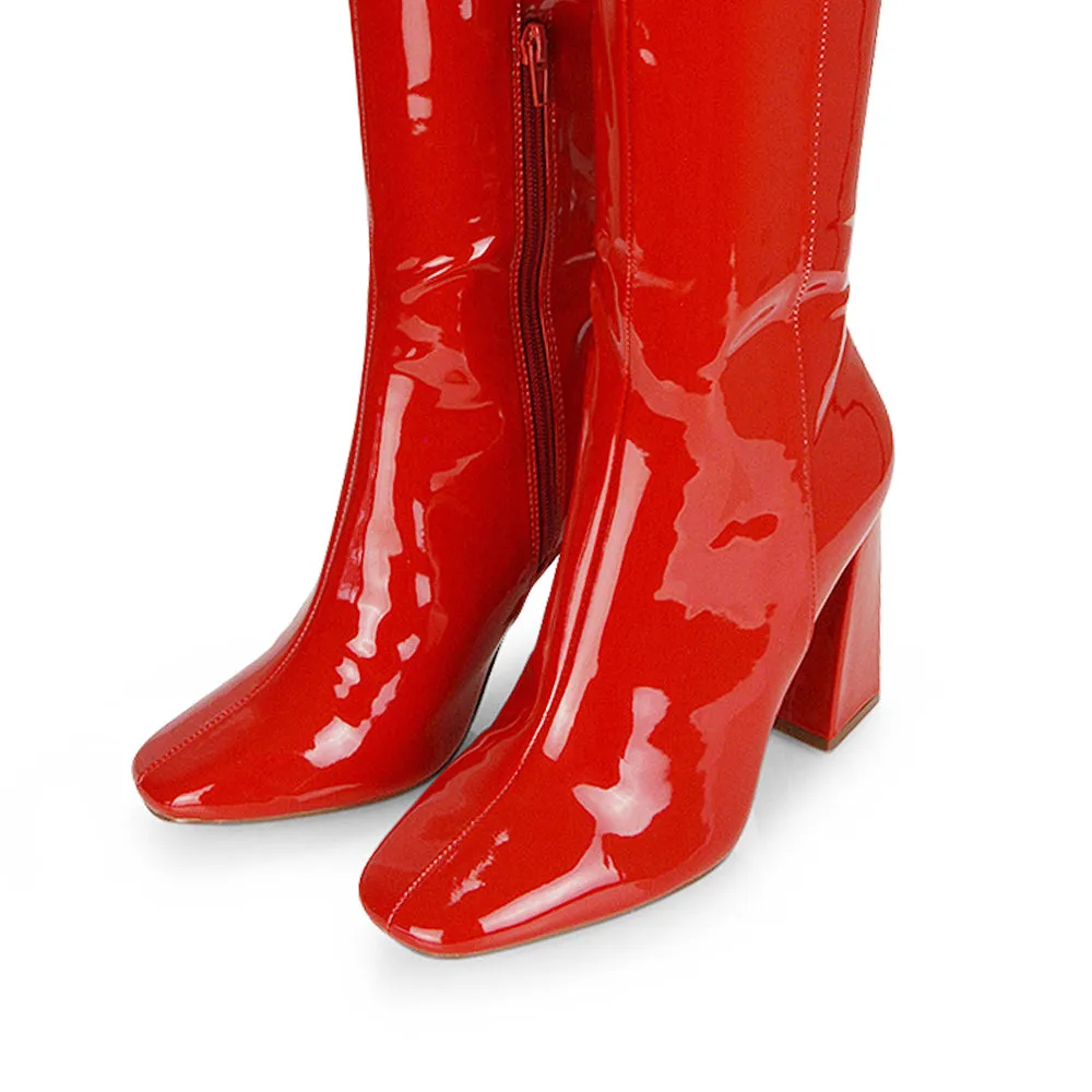 Millicent Square Toe below the Knee Long Block High Heel Boots in Red Patent
