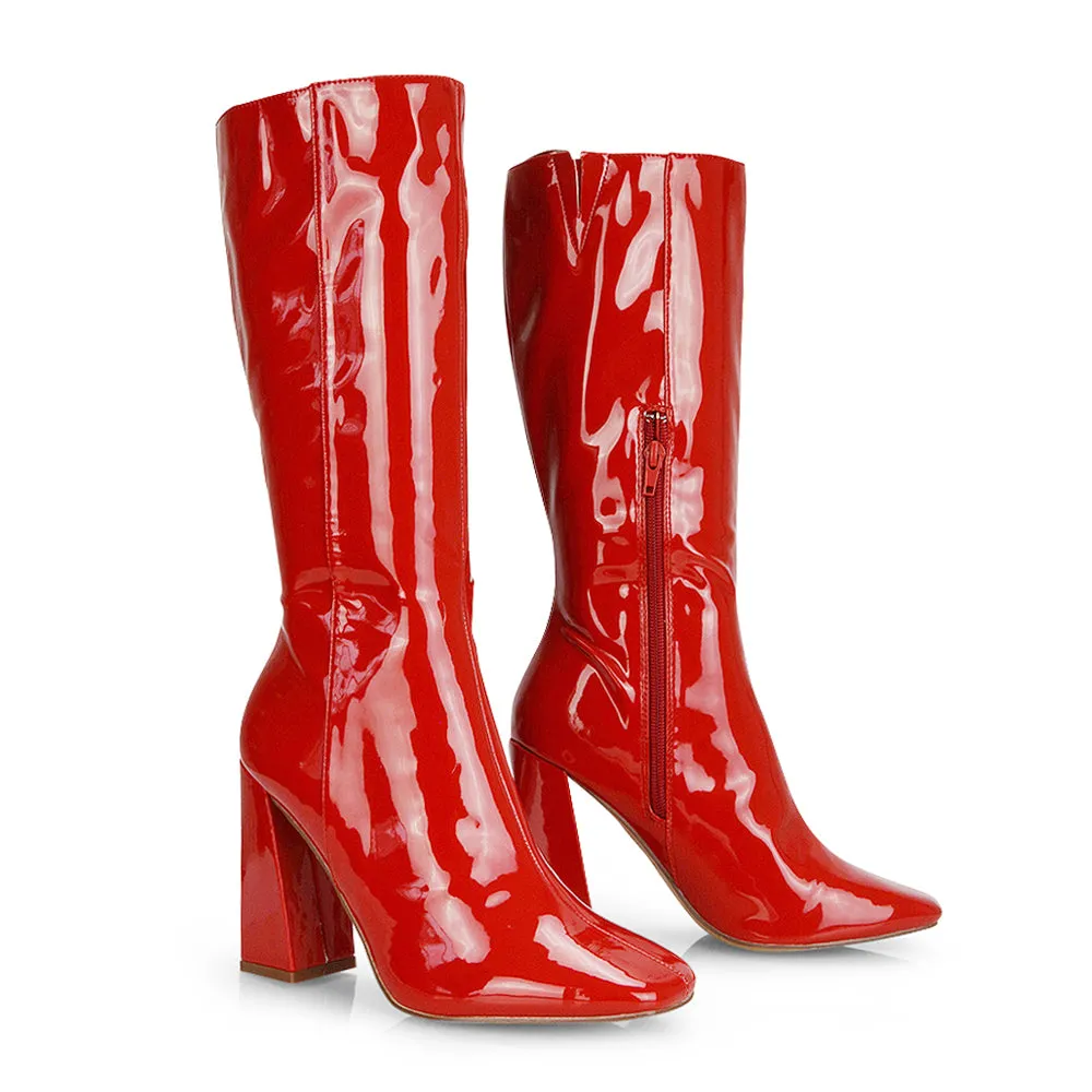 Millicent Square Toe below the Knee Long Block High Heel Boots in Red Patent