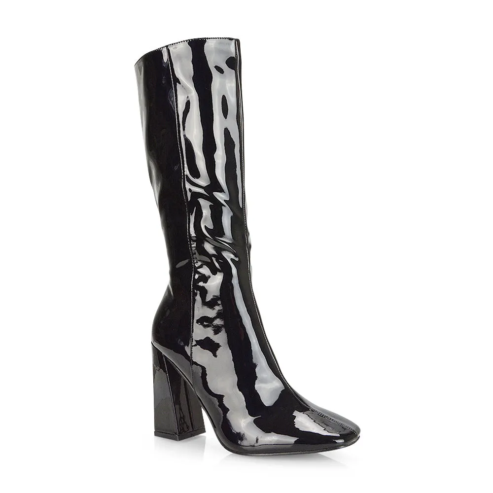 Millicent Square Toe below the Knee Long Block High Heel Boots in Red Patent