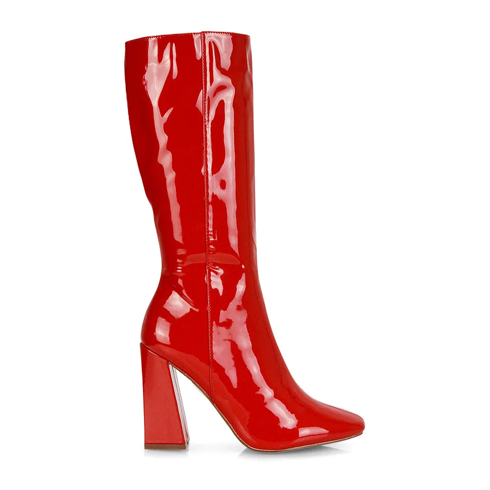 Millicent Square Toe below the Knee Long Block High Heel Boots in Red Patent