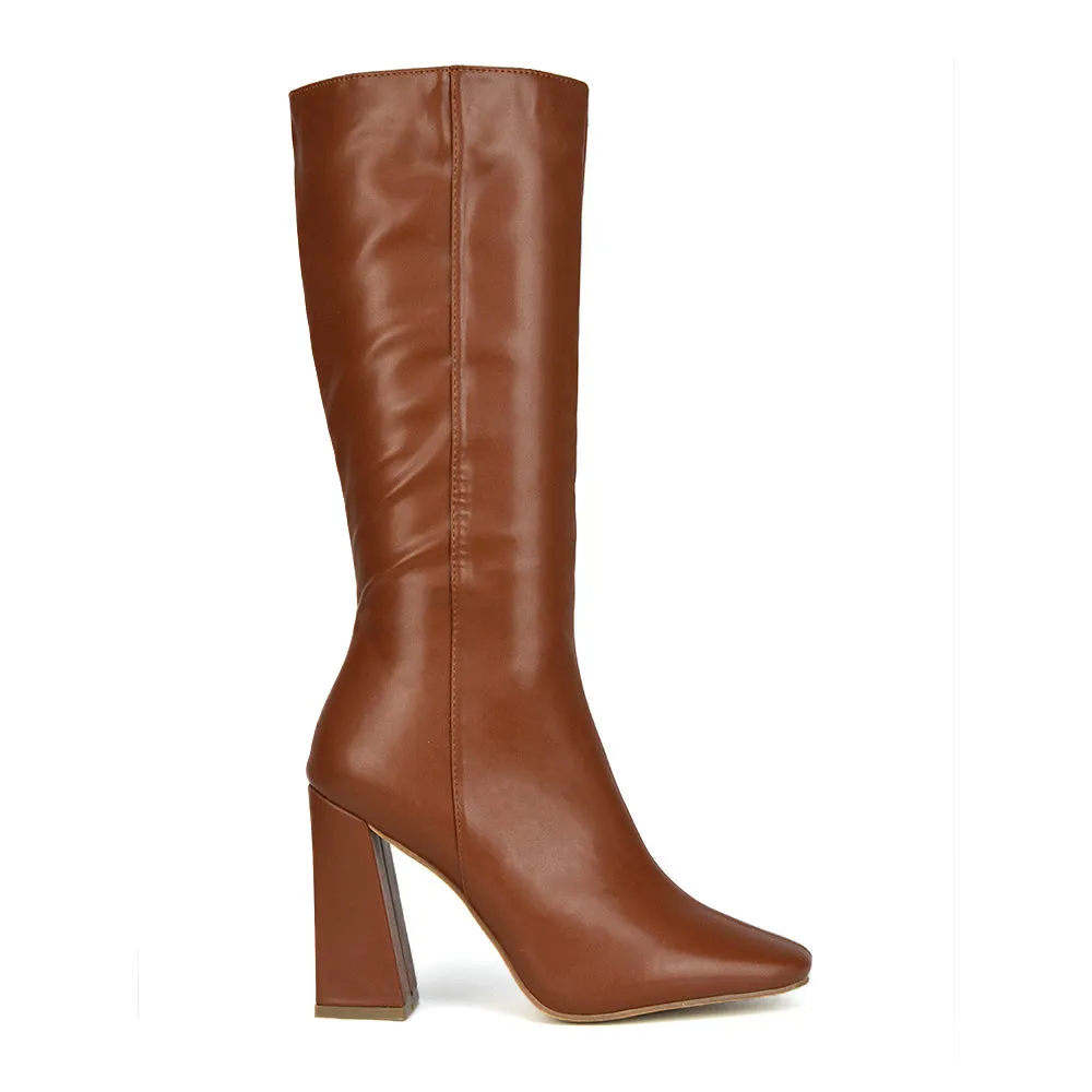 Millicent Square Toe below the Knee Long Block High Heel Boots in Red Patent