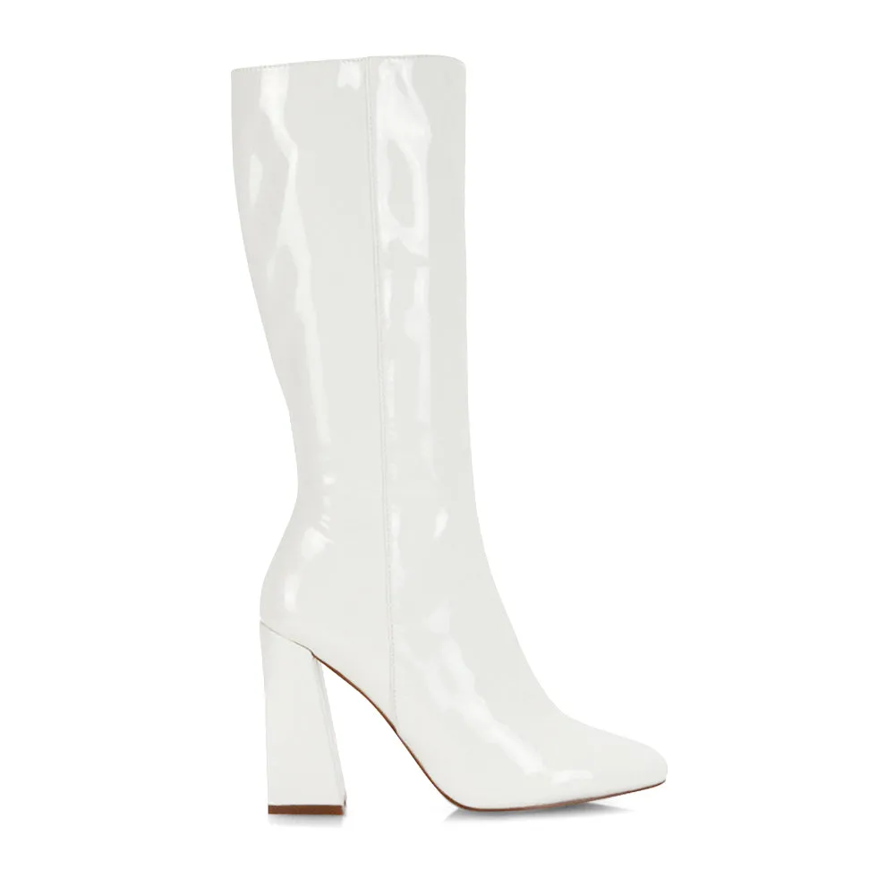 Millicent Square Toe below the Knee Long Block High Heel Boots in Red Patent