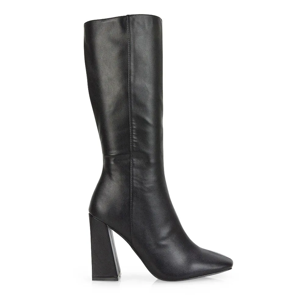 Millicent Square Toe below the Knee Long Block High Heel Boots in Red Patent