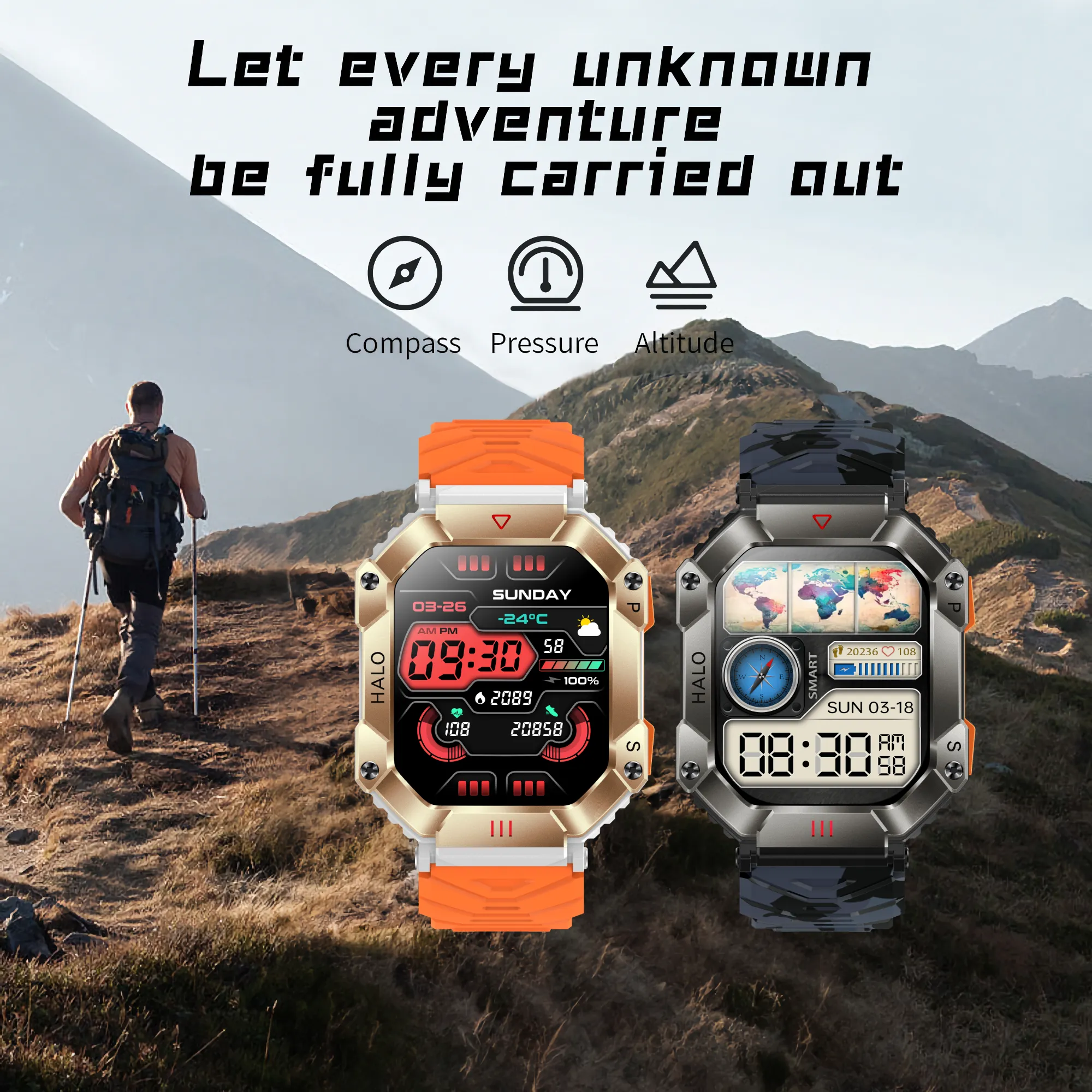 New Waterproof Outdoor Smartwatch with Bluetooth Call, Compass, Real-time Barometer and Altitude Detection