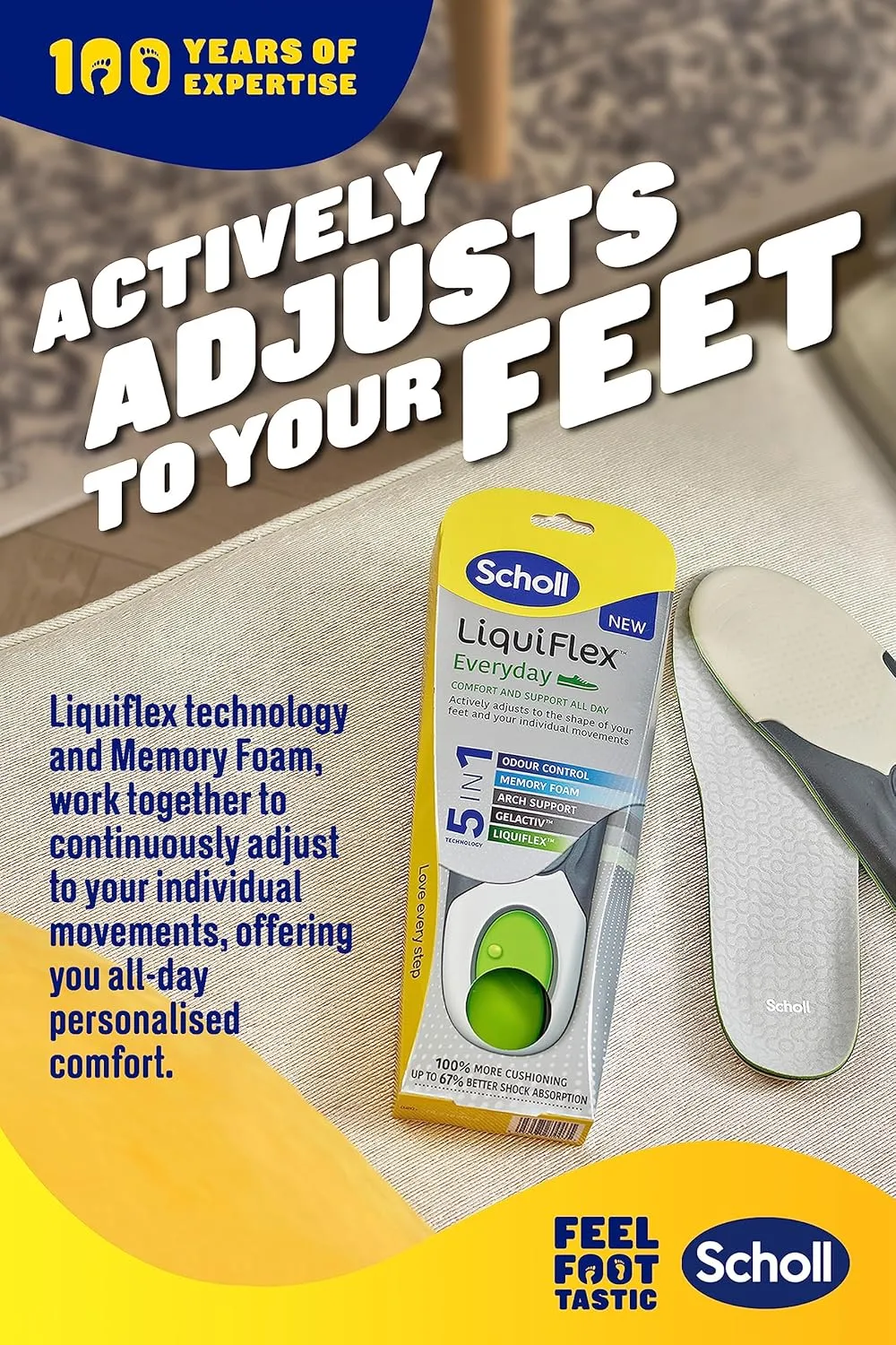 Scholl LiquiFlex Extra Support Insoles provide cushioning, arch support, shock absorption, and odor control for comfortable everyday wear, especially for men with high arches - Free Shipping Worldwide