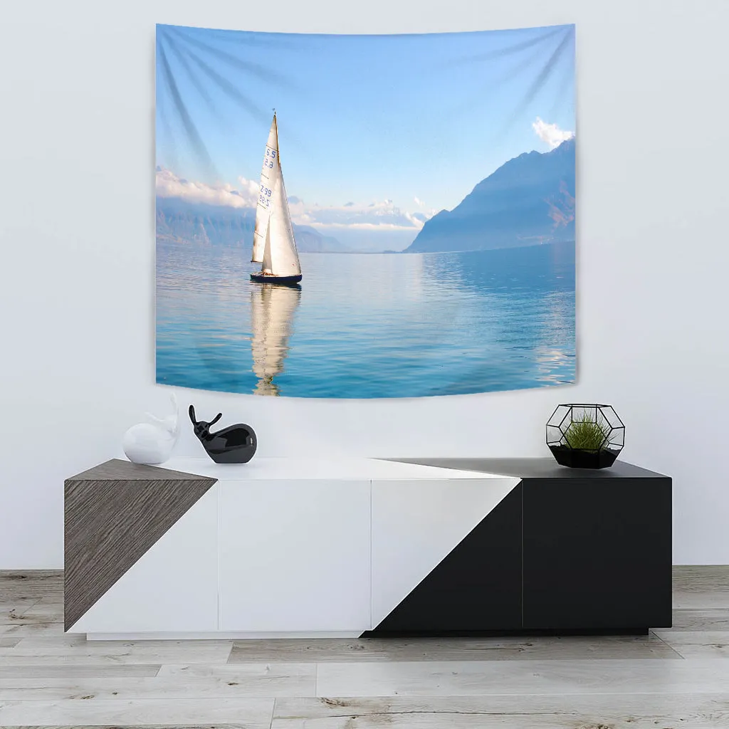 TAPESTRY SAILBOAT ON MOUNTAIN LAKE