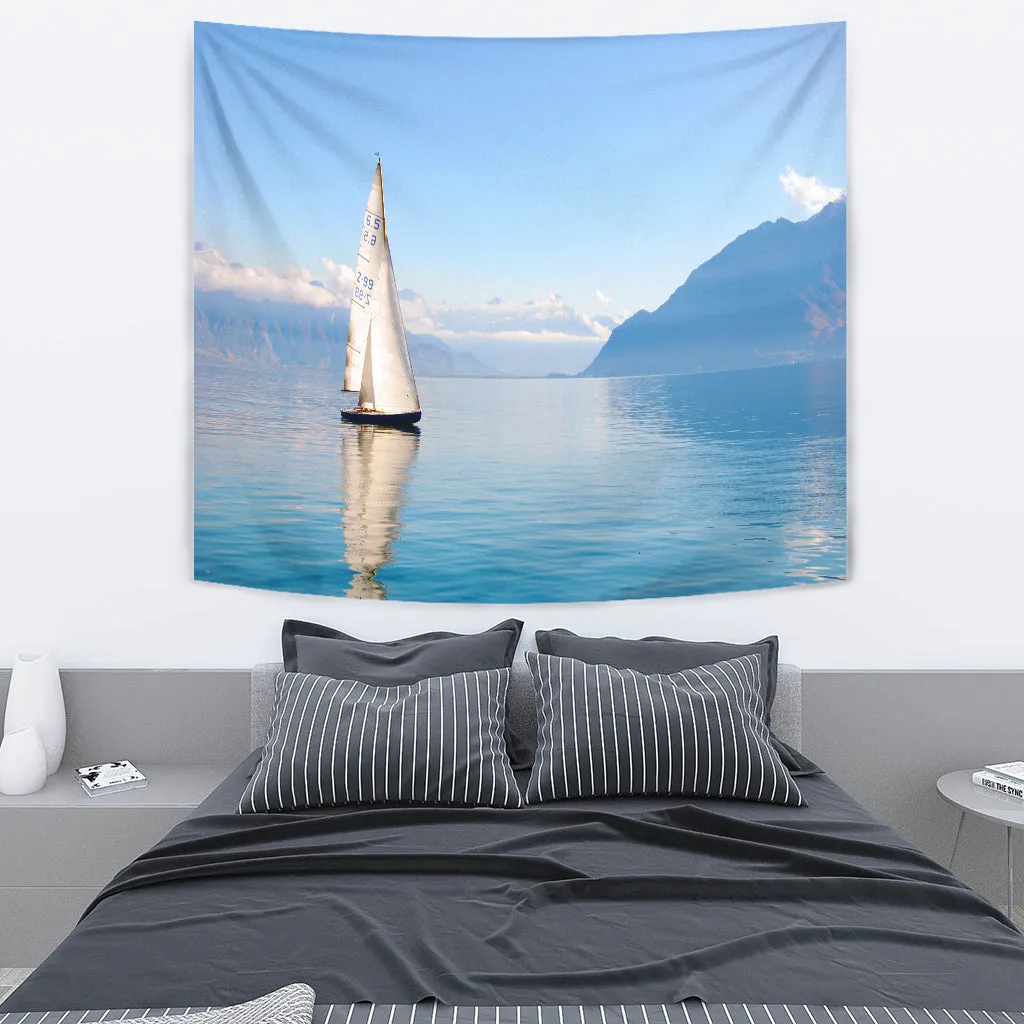 TAPESTRY SAILBOAT ON MOUNTAIN LAKE